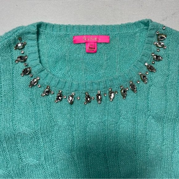 Lilly Pulitzer Dario Embellished Cable-Knit Aqua color Sweater.  Sz XL - Picture 11 of 12